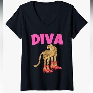 New! Cheetah Animal Funny Boots Diva V Neck Tee Shirt NWTS
